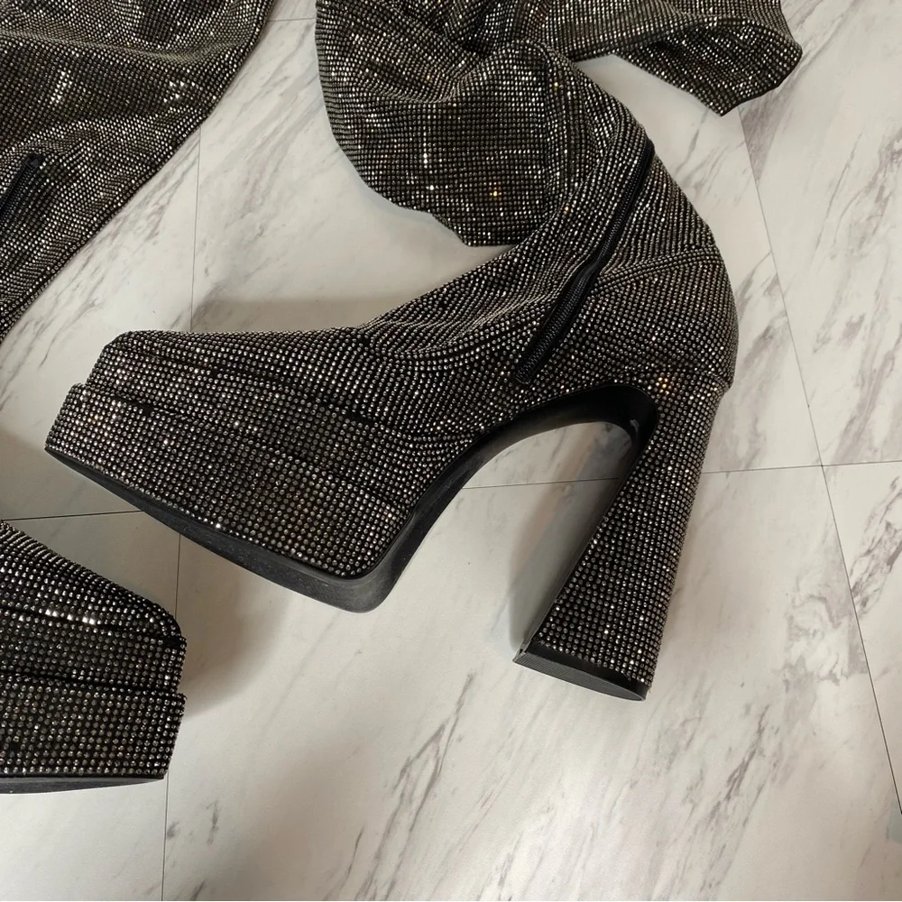 Steve Madden Sultry Rhinestone Thigh High Pointy Toe Platform Heeled Boot 8 1/2